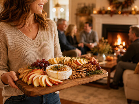 A woman in her mid-30s is holding a plate of finger foods &ndash; crackers, cheese, grapes, and vegetables &ndash; in a blurred indoor dining area.