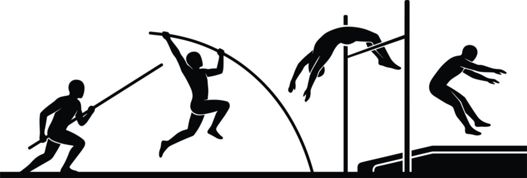 Athletic pole vault sequence demonstrating approach run plant jump clearance and landing technique in track field event