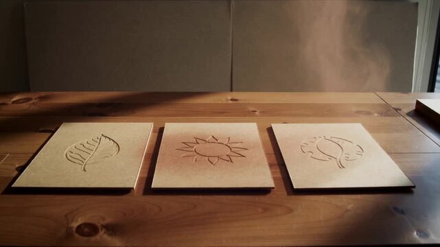 Rising dust column behind panels laying powder onto three wood panels on wood table darkening sun