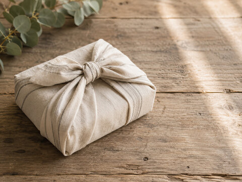 A square, wrapped gift rests on a weathered wooden surface, tied with a natural-toned fabric ribbon The fabric of the gift wrapping is a light beige