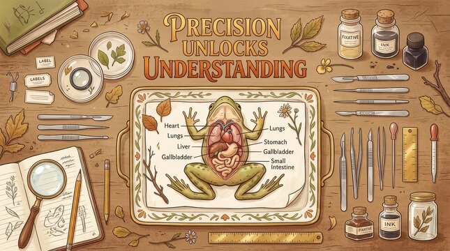 Vintage illustration of a dissected frog anatomy study with scientific tools and antique books, depicting precision in understanding nature.