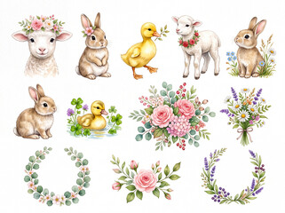 Naklejka premium Watercolor illustration set featuring cute baby animals like lambs, bunnies, and ducklings with spring flowers, floral wreaths, and bouquets.