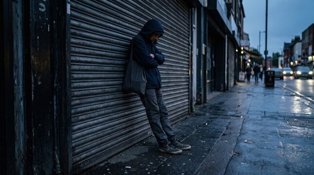A lonely young adult man leaning against a closed metal shop shutter on a wet city street at dusk during a cold urban evening