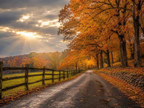 A gravel road extends into the distance, bordered by a weathered wooden fence and a vibrant autumn forest.
