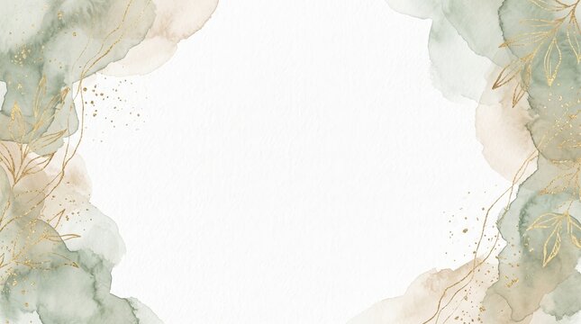 Abstract sage green watercolor frame with gold foil leaves and glitter line art on textured white paper background