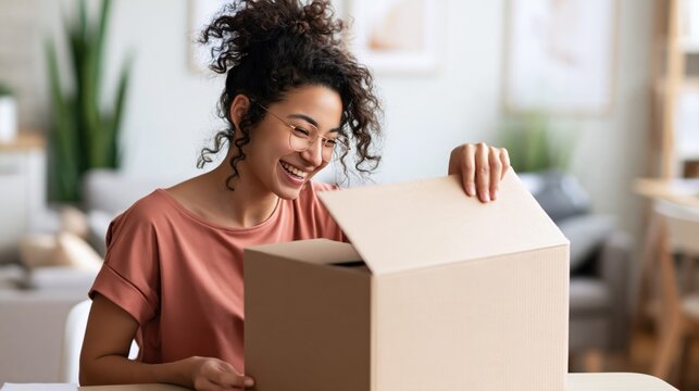 Happy young woman opening cardboard delivery box at home, unpacking online shopping order, receiving parcel, checking purchase and enjoying ecommerce delivery service