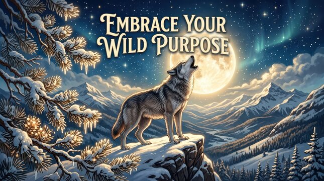 Wolf howling at full moon in snowy mountains under aurora borealis with text "Embrace Your Wild Purpose"