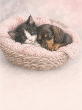 A tiny black and white kitten and a small, brown and tan dachshund puppy are peacefully sleeping together in a woven basket.