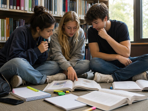 Three students intently study an open textbook on a carpeted library floor, collaborating with focused expressions.