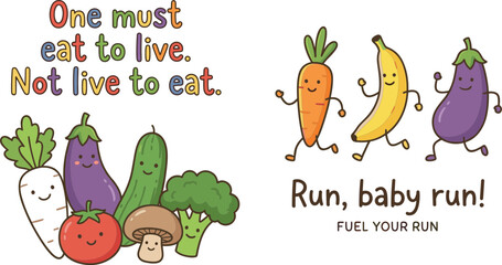 Fototapeta premium Cute cartoon vegetable and fruit characters featuring running carrot banana eggplant tomato broccoli mushroom with inspirational health typography