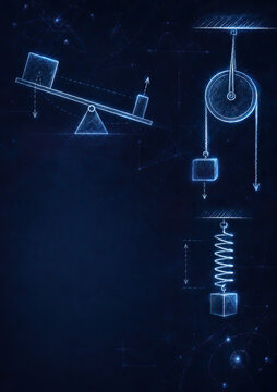 Three distinct mechanical devices &ndash; a balance scale, a pulley system, and a spring-loaded mechanism &ndash; are depicted in a blue-toned sketch. Physics notebook cover