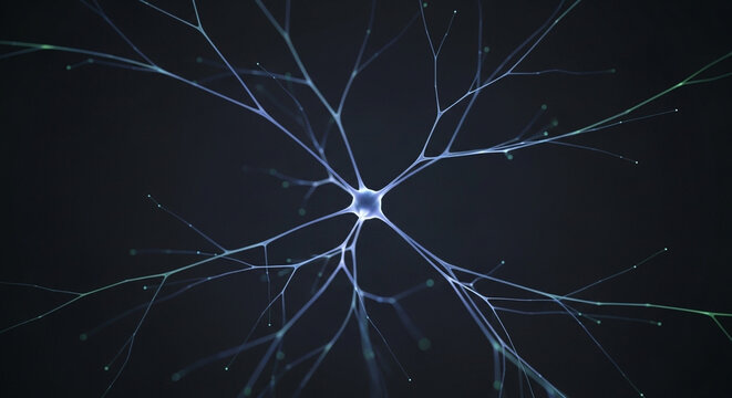 A glowing nerve cell transmits electrochemical impulses across neural pathways in the human brain, showcasing complex biological structures performing cognitive functions during psychological