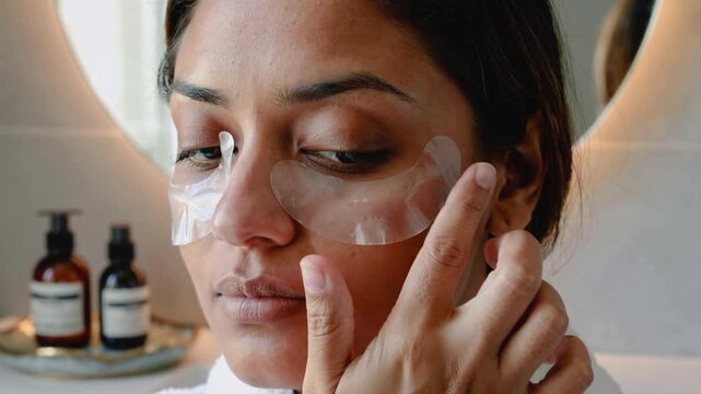 Raising right hand, woman pressing under-eye patches at vanity ensuring adhesion