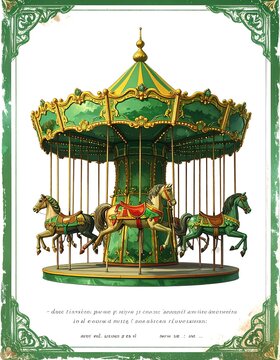Vintage Illustration of an Ornate Carousel with Horses.