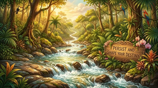 Vibrant tropical rainforest jungle with a flowing river, lush foliage, colorful parrots, and an inspirational wooden sign saying "Persist and Shape Yo