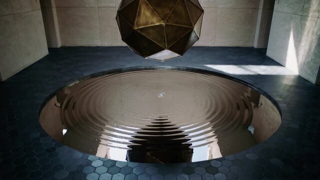 Hanging polyhedron over atrium pool, ripple starting rings growing then decaying