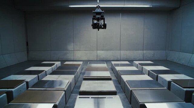 Pulling camera back revealing center concrete blocks metal-topped in test lab, showing lowering rig