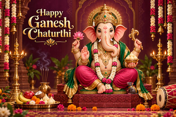Fototapeta premium Festive lord ganesha shrine with flowers lamps incense fruits and modak for ganesh chaturthi celebration and traditional lord ganesha puja ceremony decoration