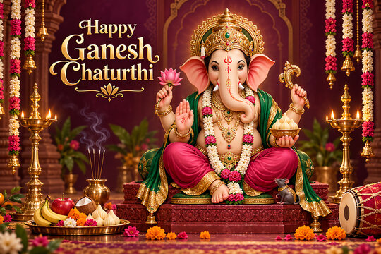 Festive lord ganesha shrine with flowers lamps incense fruits and modak for ganesh chaturthi celebration and traditional lord ganesha puja ceremony decoration