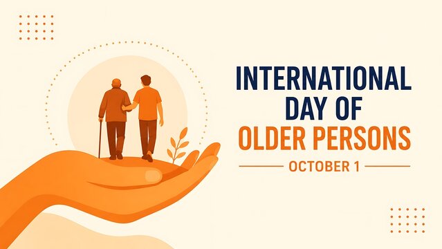 Conceptual illustration for international day of older persons featuring giant hand protecting seniors senior couple helping hand elderly couple senior citizens october first social care