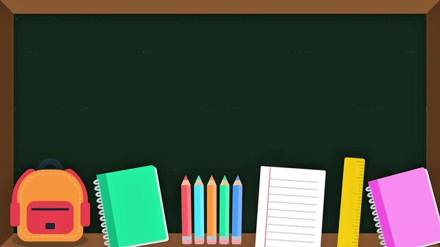 back to school supplies popping up on chalkboard background with copy space