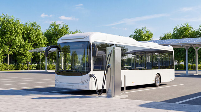 Modern Electric Bus Charging: A sleek, white electric bus is parked at a charging station under a clear blue sky, surrounded by green trees, representing sustainable urban transportation.