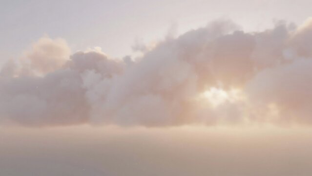 Fluffy cumulus clouds drift through the warm morning atmosphere featuring soft golden light and delicate pastel shades of ivory beige