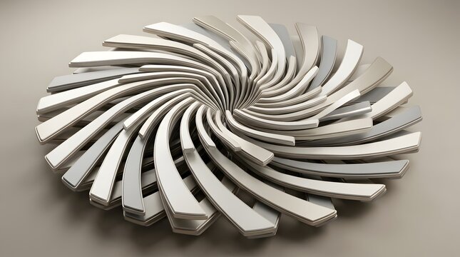 Circular 3 d sculpture with radiating curved white and grey ribs