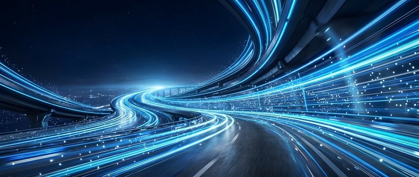 Sweeping futuristic highway with glowing blue light trails at night
