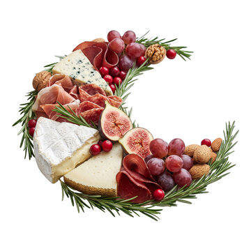 Rustic Christmas cheese board with cranberries, figs, rosemary and artisan cheeses, elegant festive food styling concept on transparent background