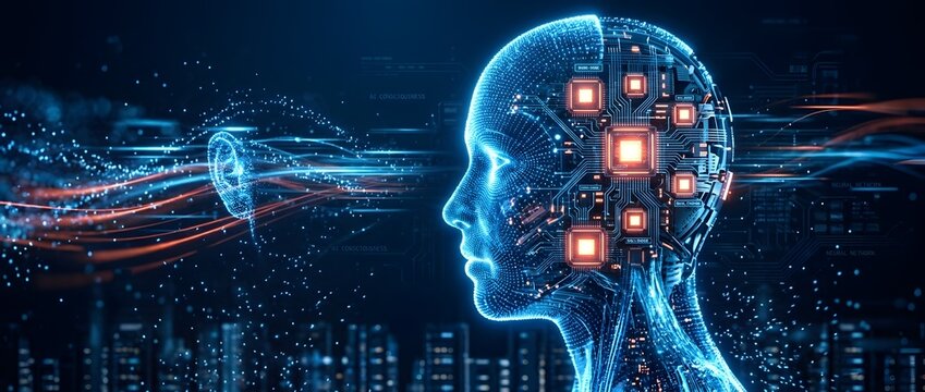 Profile view of a digitally rendered humanoid head with glowing circuitry and processor chips