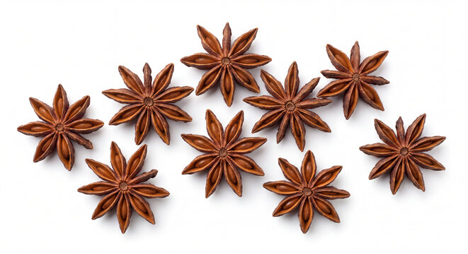 Star Anise Spice Array: A collection of ten dried star anise pods, their intricate, star-like forms scattered across a plain surface, evoking exotic flavors and aromatic culinary experiences.
