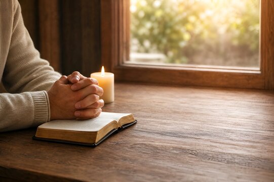 Hands clasped in christian prayer over open bible near window