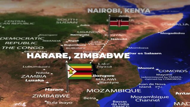Flight From Nairobi KENYA to Harare ZIMBABWE with flag pins