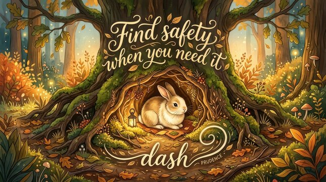 Whimsical illustration of a cute bunny in a cozy burrow under an ancient tree in an enchanted autumn forest, with glowing lights and inspirational tex