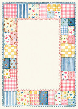 Patchwork pastel border invitation frame vertical cute playful preppy pattern gingham check star heart bow cookie fabric quilt textile nursery baby child girl decorative card template announcement