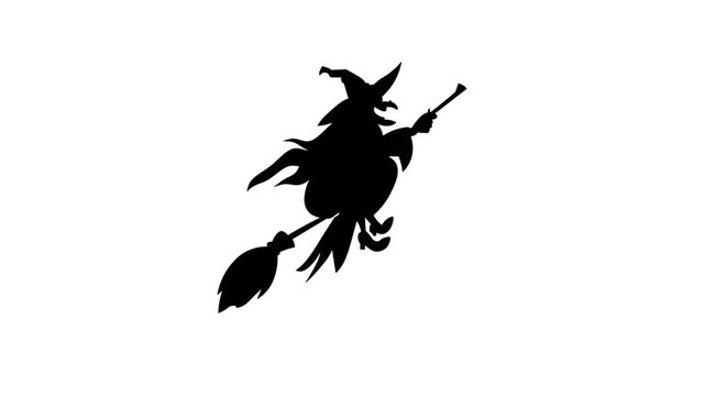 Animation of a witch flying on a broomstick; a long-haired witch in a black costume with a spooky appearance; suitable for Halloween and ghost-themed festivals; 4K video.