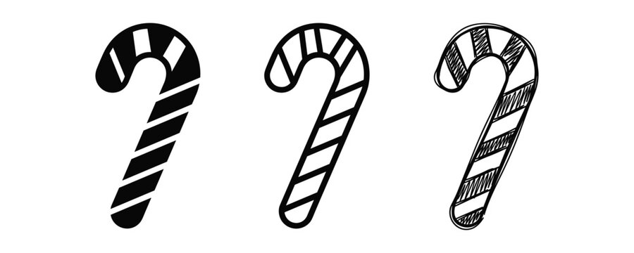Candy cane icon set in solid outline and sketch styles christmas sweets and holidays