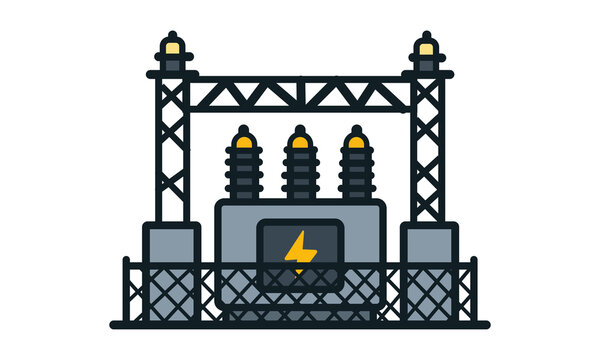 Vector illustration of an electrical power transformer substation with high voltage equipment and a lightning bolt symbol isolated on transparent background