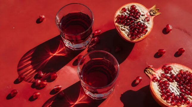 Vibrant pomegranate juice in glasses with fresh fruit halves and arils