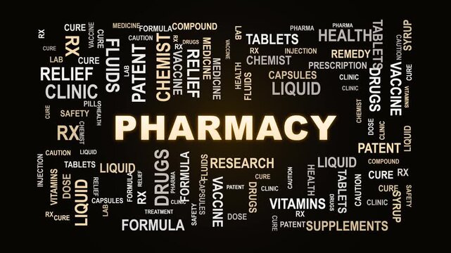 Premium kinetic typography animation featuring an amber/gold neon PHARMACY focal point surrounded by a high-density packed vocabulary wall with multi-directional entry, zero overlap, static hold phase