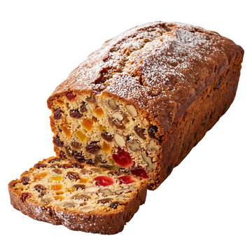 Traditional Christmas fruitcake loaf with candied fruits, nuts and powdered sugar, rich festive dessert food design for holiday marketing on transparent background