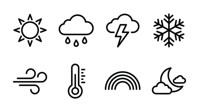 Weather Icons: A set of simple, clean line art icons representing various weather conditions, including sun, rain, storm, snow, wind, temperature, rainbow, and night sky.