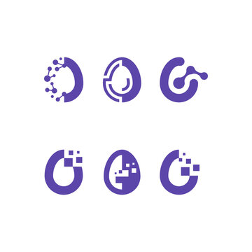 Set of six modern minimalist letter O logo templates featuring digital technology and network connection graphic design elements in purple