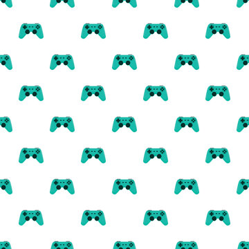 Teal game controllers arranged in a repeating pattern on a white background