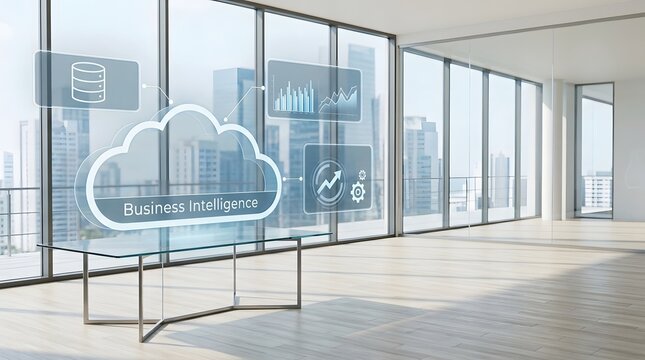 Futuristic cloud computing concept displayed on a glass wall in a modern corporate office interior