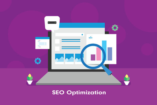 Laptop screen with search engine result page displays ai powered search results based on user query along with analytics data, coding representing the concept of SEO optimization.