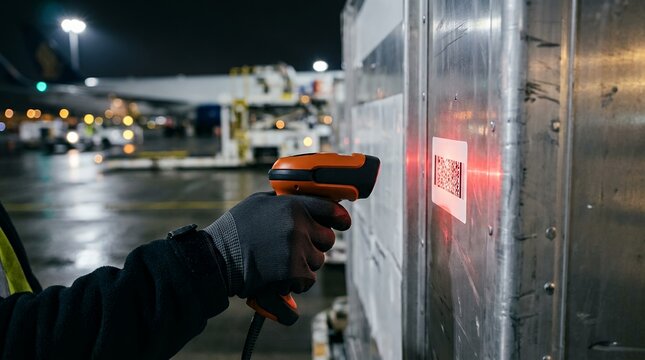 Worker scanning barcode on cargo ULD container at airport tarmac at night.