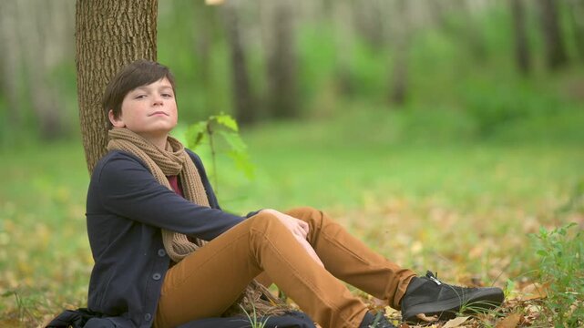 Cute young boy sitting on green grass under a large tree in autumn park and looking at camera. Portrait of a happy kid relaxing outdoors.