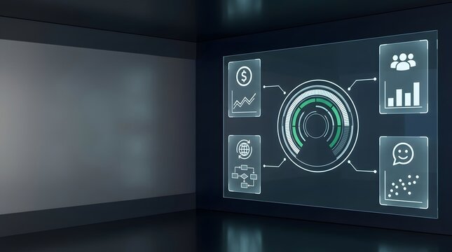 Futuristic digital interface with data visualization and holographic elements on a dark background